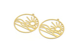 Brass Round Charm, 4 Raw Brass Rising Sun And Wavy Patterned Round Shaped Charms With 1 Loop, Charm Pendants (35.5x33x0.60mm) A5195