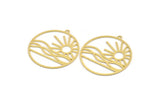 Brass Round Charm, 4 Raw Brass Rising Sun And Wavy Patterned Round Shaped Charms With 1 Loop, Charm Pendants (40x37x0.60mm) A5196