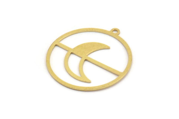 Brass Round Charm, 12 Raw Brass Crescent Moon Patterned Round Shape Charms With 1 Loop, Charm Pendants (28x26x0.60mm) A5204