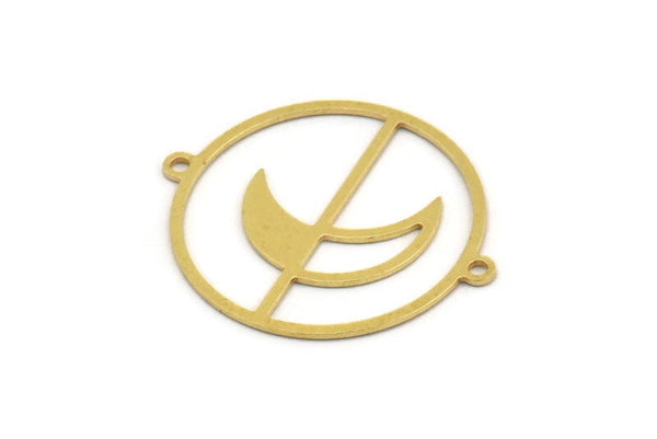 Pirinç Yuvarlak Charm, 2 Döngülü 12 Ham Pirinç Hilal Desenli Yuvarlak Şekilli Charm, Charm Kolye Uçları, Bağlantı Parçaları (30x26x0,60 mm) A5208