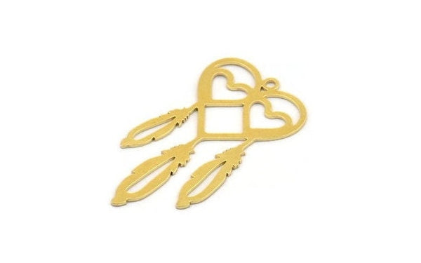 Brass Heart Charm, 12 Raw Brass Heart And Wings Charms With 1 Hole (39x21x0.60mm) A4659