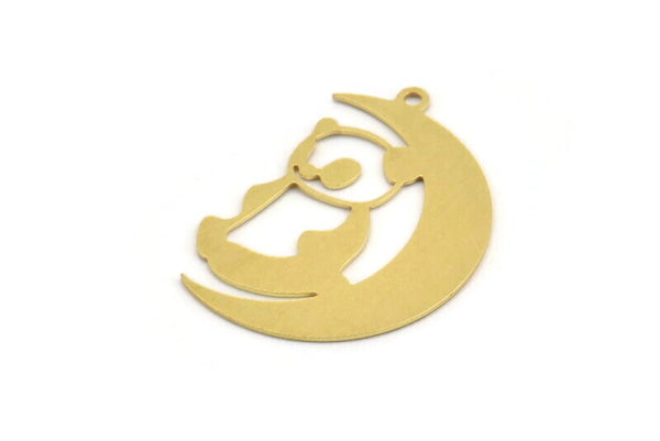 Brass Bear Charm, 6 Raw Brass Panda Bear And Crescent Moon Shaped Charms With 1 Loop, Earring Charm Findings (32x23x0.60mm) A5221