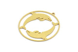 Brass Dolphin Charm, 6 Raw Brass Dolphin Patterned Round Shaped Charms With 1 Loop, Earring Charm Findings (41x39x0.80mm) A5212