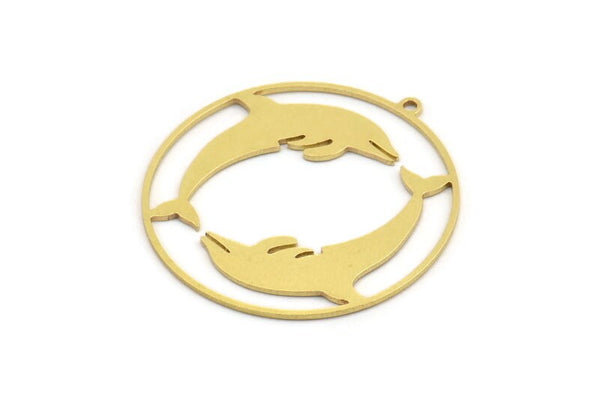 Brass Dolphin Charm, 6 Raw Brass Dolphin Patterned Round Shaped Charms With 1 Loop, Earring Charm Findings (41x39x0.80mm) A5212