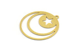 Brass Round Charm, 10 Raw Brass Crescent Moon And Star Patterned Round Shape Charms With 1 Loop, Charm Pendants (28x26x0.60mm) A4717