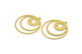 Brass Round Charm, 10 Raw Brass Crescent Moon And Star Patterned Round Shape Charms With 1 Loop, Charm Pendants (28x26x0.60mm) A4717