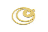 Brass Round Charm, 12 Raw Brass Crescent Moon And Star Patterned Round Shape Charms With 1 Loop, Charm Pendants (22x20x0.60mm) A4725