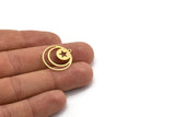 Brass Round Charm, 12 Raw Brass Crescent Moon And Star Patterned Round Shape Charms With 1 Loop, Charm Pendants (22x20x0.60mm) A4725