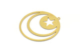 Brass Round Charm, 4 Raw Brass Crescent Moon And Star Patterned Round Shape Charms With 1 Loop, Charm Pendants (44x41x0.60mm) A4716
