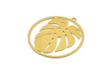 Brass Round Charm, 4 Raw Brass Monstera Leaf Patterned Round Shape Charms With 1 Loop, Charm Pendants (34x32x0.60mm) A4661