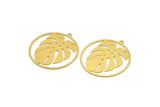 Brass Round Charm, 4 Raw Brass Monstera Leaf Patterned Round Shape Charms With 1 Loop, Charm Pendants (34x32x0.60mm) A4661