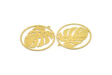 Brass Round Charm, 4 Raw Brass Monstera Leaf Patterned Round Shape Charms With 1 Loop, Charm Pendants (34x32x0.60mm) A4661