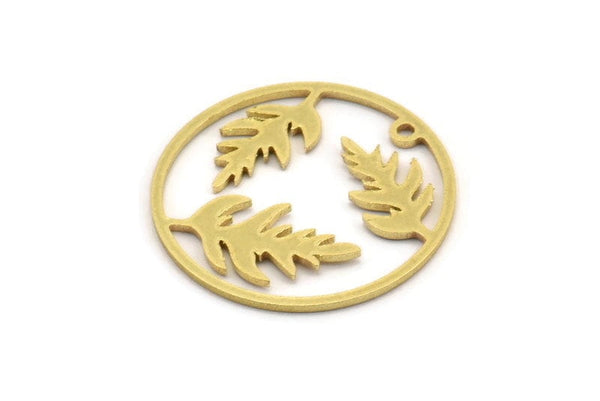 Brass Leaf Charm, 8 Raw Brass Leaf Patterned Round Shaped Charms With 1 Loop, Earring Charm Findings (28x1mm) A5241
