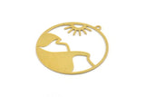 Brass Round Charm, 4 Raw Brass Sun And Mountain Patterned Round Shaped Charms With 1 Loop, Earring Findings (40x38x0.60mm) A4874