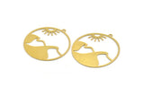Brass Round Charm, 4 Raw Brass Sun And Mountain Patterned Round Shaped Charms With 1 Loop, Earring Findings (40x38x0.60mm) A4874