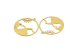 Brass Round Charm, 10 Raw Brass Sun And Mountain Patterned Round Shaped Charms With 1 Loop, Earring Findings (28x26x0.60mm) A4875