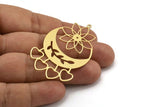 Brass Crescent Charm, 4 Raw Brass Hearts And Crescent Moon Patterned Charms With 1 Loop, Findings (55x33x0.60mm) A5311