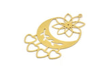 Brass Crescent Charm, 4 Raw Brass Hearts And Crescent Moon Patterned Charms With 1 Loop, Findings (55x33x0.60mm) A5311