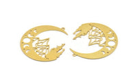 Pirinç Hilal Charm, 2 Ham Pirinç Dağ ve Hilal Desenli Charm, 1 Döngü, Buluntular (47x41x0,60 mm) A5313