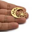 Brass Moon Charm, 4 Raw Brass Flower Pattern Crescent Moon Charms With 1 Loop, Findings (40x35x0.60mm) A5312
