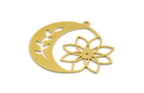 Brass Moon Charm, 4 Raw Brass Flower Pattern Crescent Moon Charms With 1 Loop, Findings (40x35x0.60mm) A5312
