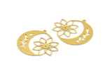 Brass Moon Charm, 4 Raw Brass Flower Pattern Crescent Moon Charms With 1 Loop, Findings (40x35x0.60mm) A5312