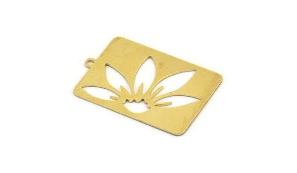 Brass Rectangle Charm, 4 Raw Brass Flower Patterned Rectangle Shaped Charms With 1 Loop, Findings (34x23x0.60mm) A5010