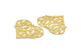 Brass Heart Charm, 4 Raw Brass Heart Shaped And Tulip Pattern Charms With 1 Loop, Findings, Pendants (39x48x0.40mm) A5353