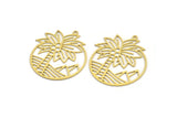Brass Round Charm, 4 Raw Brass Palm Tree Patterned Round Shape Charms With 1 Loop, Charm Pendants (40x32.5x0.60mm) A4981