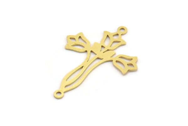 Brass Flower Charm, 12 Raw Brass Flower Charms With 2 Loops, Brass Connectors (33x24x0.60mm) A5066