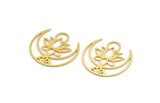 Brass Lotus Charm, 8 Raw Brass Lotus Flower And Crescent Moon Patterned Charms, Findings (27x26x0.60mm) A5135