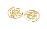 Brass Lotus Charm, 8 Raw Brass Lotus Flower And Crescent Moon Patterned Charms, Findings (27x26x0.60mm) A5135