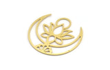 Brass Lotus Charm, 6 Raw Brass Lotus Flower And Crescent Moon Patterned Charms With 1 Loop, Findings (34x32x0.60mm) A5134