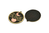 Brass Round Charm, Raw Brass And Copper Crescent Moon And Cloud Patterned Round Shape Charm With 1 Loop (37x34x1.5mm) N2161