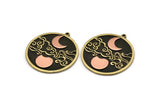 Brass Round Charm, Raw Brass And Copper Crescent Moon And Cloud Patterned Round Shape Charm With 1 Loop (37x34x1.5mm) N2161