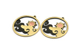 Brass Round Charm, Raw Brass And Copper Sun And Cloud Patterned Round Shape Charm With 1 Loop (37x34x1.5mm) N2162