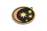 Brass Round Charm, Raw Brass And Copper Crescent Moon And Star Patterned Round Shape Charm With 1 Loop (36x34x1.5mm) N2164