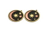 Brass Round Charm, Raw Brass And Copper Crescent Moon And Star Patterned Round Shape Charm With 1 Loop (36x34x1.5mm) N2164