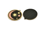 Brass Round Charm, Raw Brass And Copper Crescent Moon And Star Patterned Round Shape Charm With 1 Loop (36x34x1.5mm) N2164