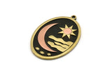 Brass Oval Charm, Raw Brass And Copper Crescent Moon And Sun Patterned Oval Shape Charm With 1 Loop (40x28x1.5mm) N2166
