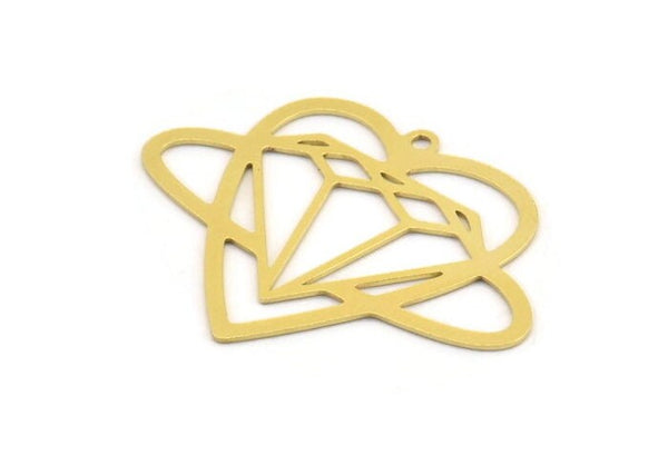 Brass Heart Charm, 4 Raw Brass Heart Shaped And Diamond Pattern Charms With 1 Loop, Findings, Pendants (29x39x0.60mm) A5350