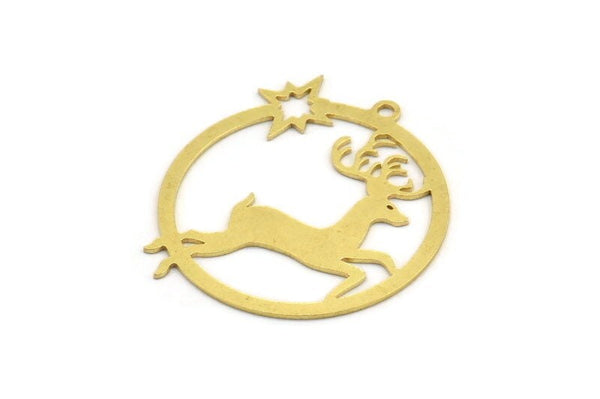 Brass Round Charm, 8 Raw Brass Deer Patterned Round Shaped Charms With 1 Loop, Earring Findings, Geometric Charms (32x30x0.60mm) A5391