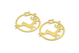 Brass Round Charm, 8 Raw Brass Deer Patterned Round Shaped Charms With 1 Loop, Earring Findings, Geometric Charms (32x30x0.60mm) A5391