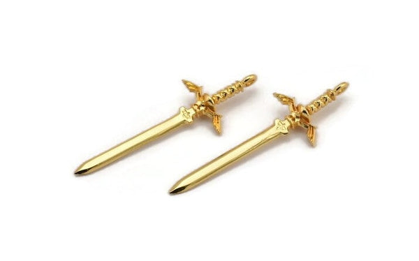 Zelda Sword Charm, 2 Gold Plated Brass Sword Charms with 1 Loop, Earrings,Charms Pendants, Findings (49x15mm) N0800