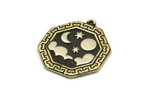 Brass Octagon Charm, Raw Brass Octagon Charm With 1 Loop, White Brass Cloud Findings, White Brass Moon And Star Findings (28x25x1.5mm) N2181