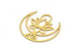 Brass Lotus Charm, 8 Raw Brass Lotus Flower And Crescent Moon Patterned Charms, Findings (27x26x0.60mm) A5135