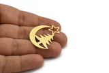Brass Moon Charm, 6 Raw Brass Crescent Moon And Tree Shaped Charms (36x30x0.60mm) A5420