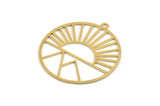 Brass Round Charm, 8 Raw Brass Rising Sun And Mount Patterned Round Shaped Charms With 1 Loop, Charm Pendants (33x30.5x0.60mm) A5179