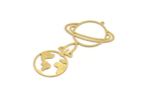 Brass Saturn Charm, 6 Raw Brass Saturn And Earth Shaped Charms With 1 Loop, Pendants, Planet Findings, Rocket Charms (54x29x0.60mm) A5148