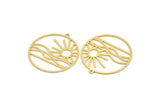 Brass Round Charm, 4 Raw Brass Rising Sun And Wavy Patterned Round Shaped Charms With 1 Loop, Charm Pendants (35.5x33x0.60mm) A5195